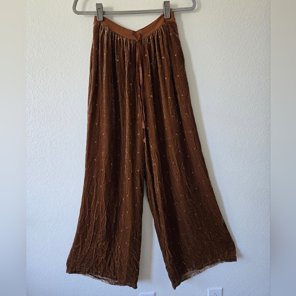 Ulla Johnson Velvet Silk Blend Embroidered Dots Brown Wide Leg Pants size 2 - Picture 1 of 16